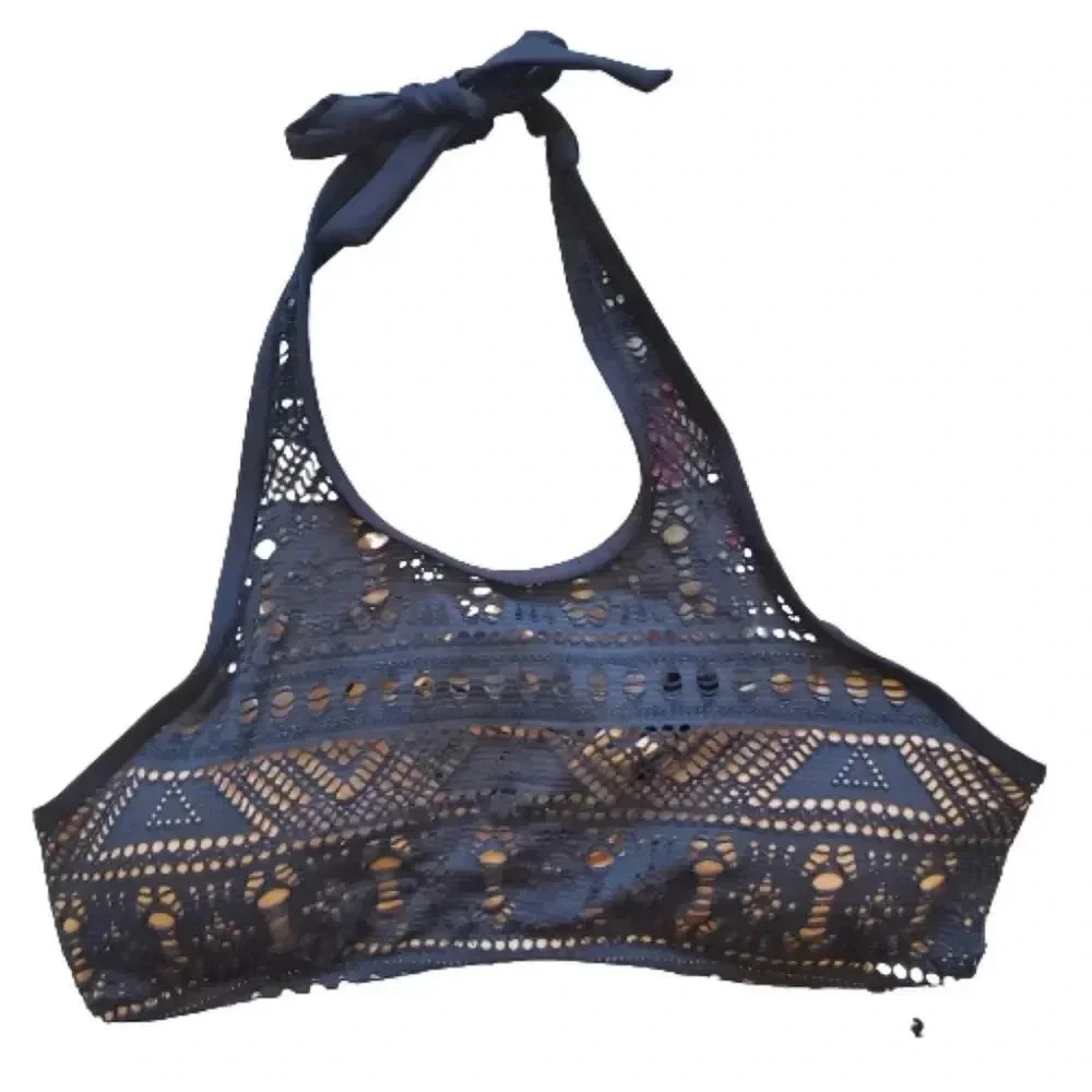 Becca black and tan lightly padded halter bikini top Size Small